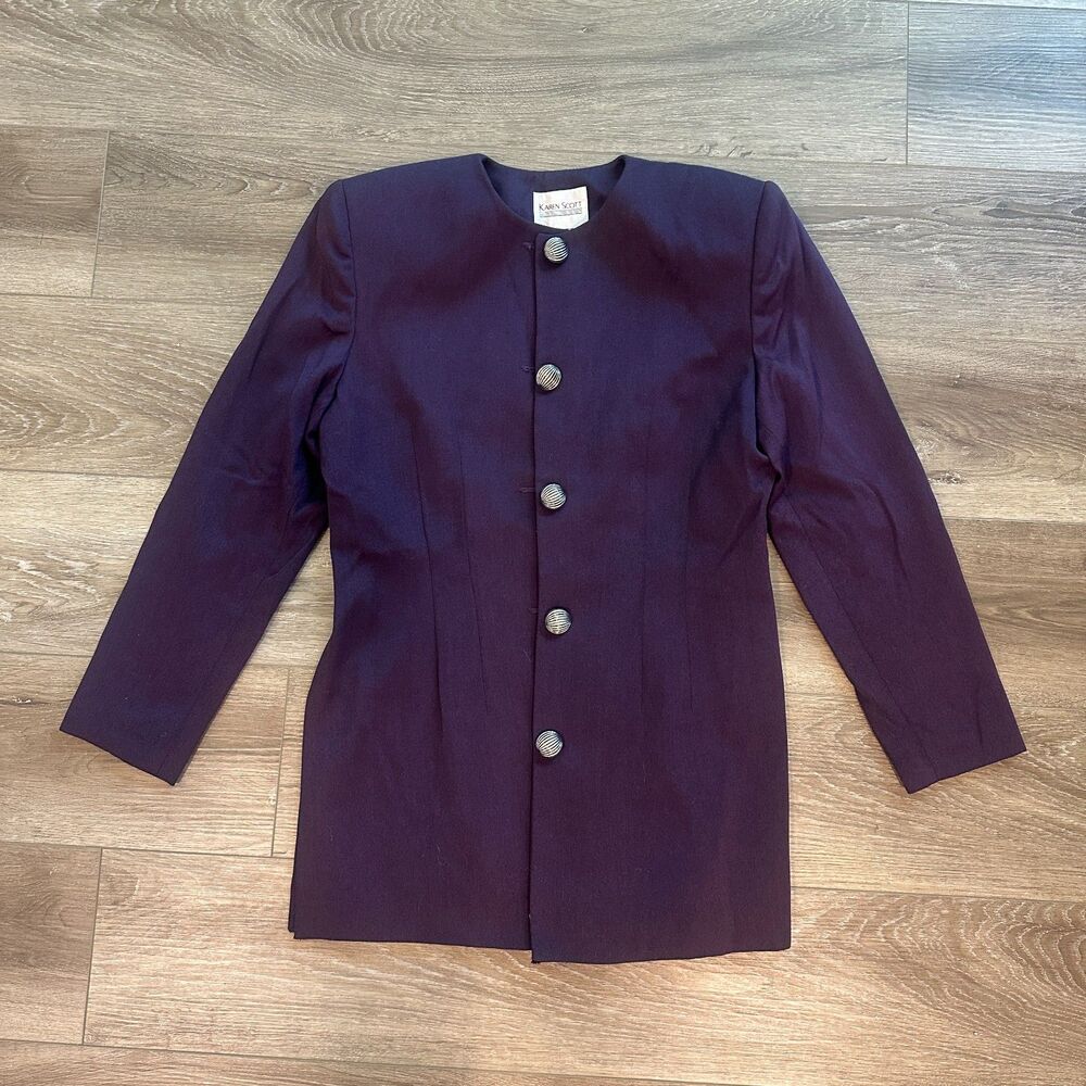 Vintage 80s‎ Collarless Longline Blazer Jacket Plum Purple Silver Button Size 10